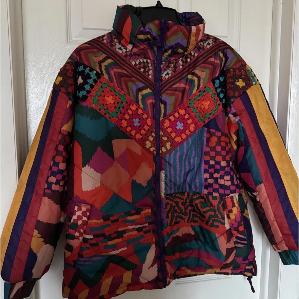 Farm Rio Women's XS Red Abstract Patches Reversible Full Zip Puffer Jacket NEW - Picture 4 of 16